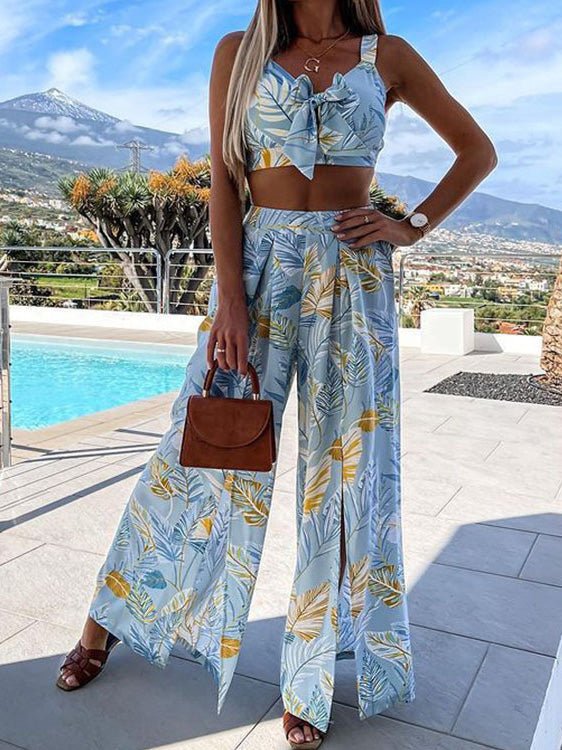 Women's Sets Printed Sling Bow Hollow Tops & Slit Pants Two-Piece Set - Sets - Instastyled | Online Fashion Free Shipping Clothing, Dresses, Tops, Shoes - 17/03/2022 - 40-50 - Bottoms