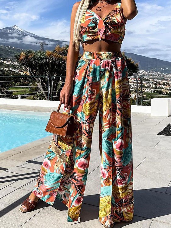 Women's Sets Printed Sling Bow Hollow Tops & Slit Pants Two-Piece Set - Sets - Instastyled | Online Fashion Free Shipping Clothing, Dresses, Tops, Shoes - 17/03/2022 - 40-50 - Bottoms