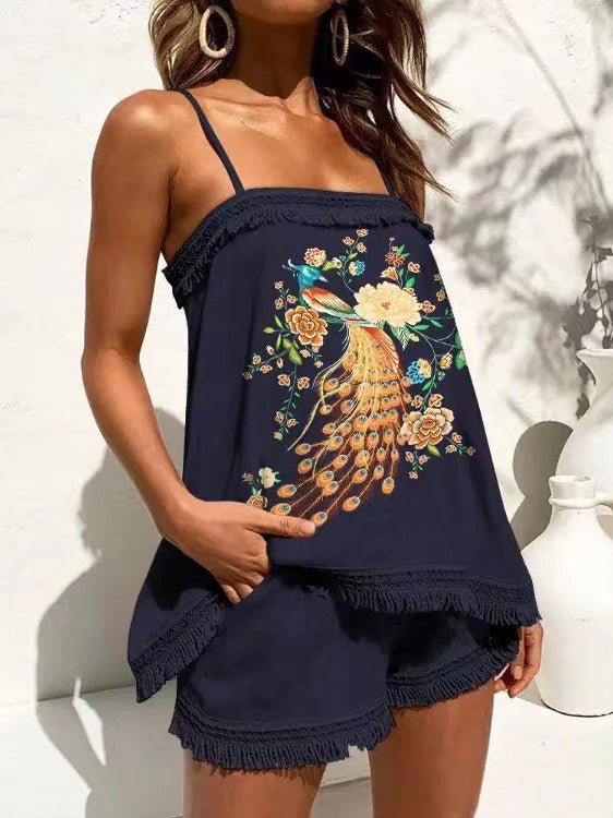 Women's Sets Printed Sling Top & Shorts Fringed Two-Piece Set - Sets - Instastyled | Online Fashion Free Shipping Clothing, Dresses, Tops, Shoes - 30-40 - 31/05/2022 - Bottoms