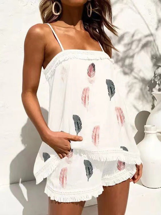 Women's Sets Printed Sling Top & Shorts Fringed Two-Piece Set - Sets - Instastyled | Online Fashion Free Shipping Clothing, Dresses, Tops, Shoes - 30-40 - 31/05/2022 - Bottoms