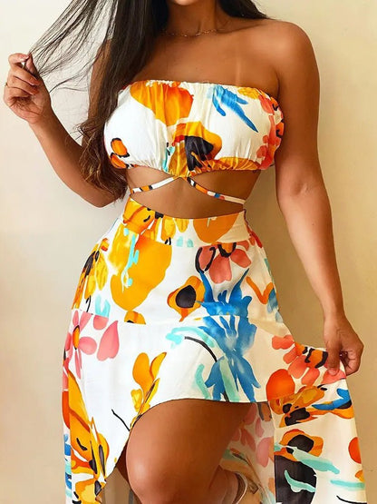 Women's Sets Printed Tube Top Irregular Skirt Two Piece Set - Sets - Instastyled | Online Fashion Free Shipping Clothing, Dresses, Tops, Shoes - 13/04/2022 - 30-40 - Bottoms