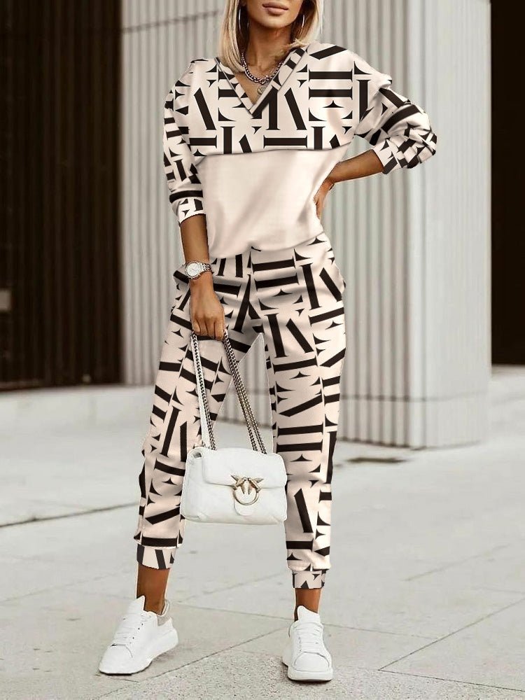 Women's Sets Printed V-Neck Long Sleeve Trousers Casual Two-Piece Set - Sets - Instastyled | Online Fashion Free Shipping Clothing, Dresses, Tops, Shoes - 22/02/2022 - Bottoms - color-apricot