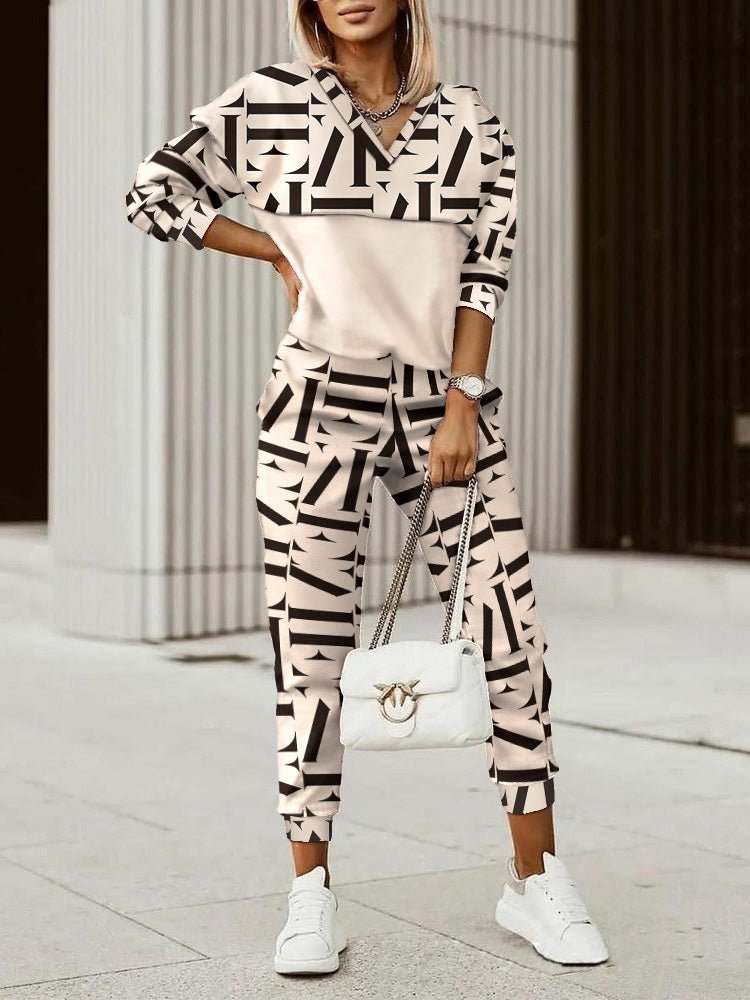 Women's Sets Printed V-Neck Long Sleeve Trousers Casual Two-Piece Set - Sets - Instastyled | Online Fashion Free Shipping Clothing, Dresses, Tops, Shoes - 22/02/2022 - Bottoms - color-apricot