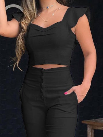 Women's Sets Ruffle Crop Top & Trousers Two-Piece Suit - Sets - Instastyled | Online Fashion Free Shipping Clothing, Dresses, Tops, Shoes - 31/12/2021 - Bottoms - color-black