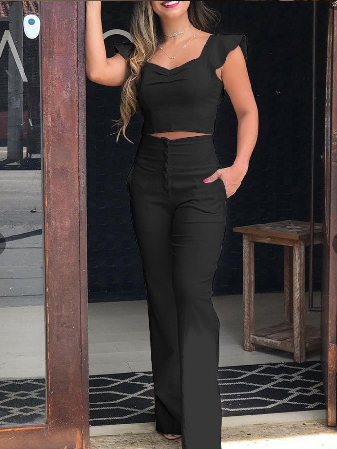 Women's Sets Ruffle Crop Top & Trousers Two-Piece Suit - Sets - Instastyled | Online Fashion Free Shipping Clothing, Dresses, Tops, Shoes - 31/12/2021 - Bottoms - color-black