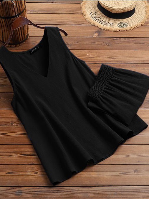 Women's Sets Simple V-Neck Top & Elastic Waist Shorts Two-Piece Set - Sets - Instastyled | Online Fashion Free Shipping Clothing, Dresses, Tops, Shoes - 24/06/2022 - Bottoms - Color_Black