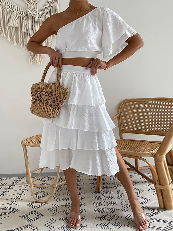 Women's Sets Slanted Shoulder Crop Top & Ruffled Skirt Two-Piece Set - Sets - Instastyled | Online Fashion Free Shipping Clothing, Dresses, Tops, Shoes - 09/08/2022 - Bottoms - Color_White