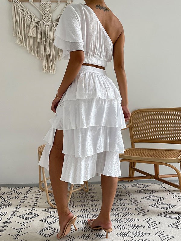 Women's Sets Slanted Shoulder Crop Top & Ruffled Skirt Two-Piece Set - Sets - Instastyled | Online Fashion Free Shipping Clothing, Dresses, Tops, Shoes - 09/08/2022 - Bottoms - Color_White