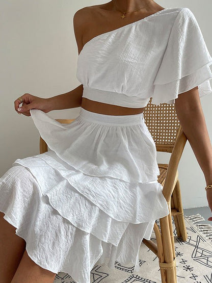 Women's Sets Slanted Shoulder Crop Top & Ruffled Skirt Two-Piece Set - Sets - Instastyled | Online Fashion Free Shipping Clothing, Dresses, Tops, Shoes - 09/08/2022 - Bottoms - Color_White