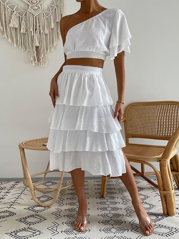 Women's Sets Slanted Shoulder Crop Top & Ruffled Skirt Two-Piece Set - Sets - Instastyled | Online Fashion Free Shipping Clothing, Dresses, Tops, Shoes - 09/08/2022 - Bottoms - Color_White