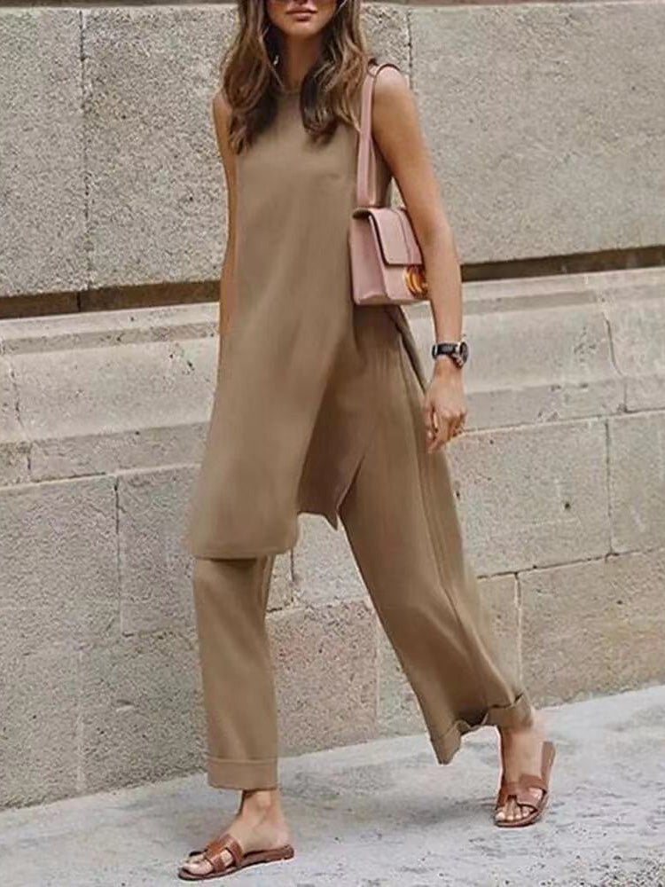 Women's Sets Sleeveless Split Top & Wide-Leg Pants Casual Two-Piece Suit - Sets - Instastyled | Online Fashion Free Shipping Clothing, Dresses, Tops, Shoes - 24/12/2021 - 30-40 - Bottoms
