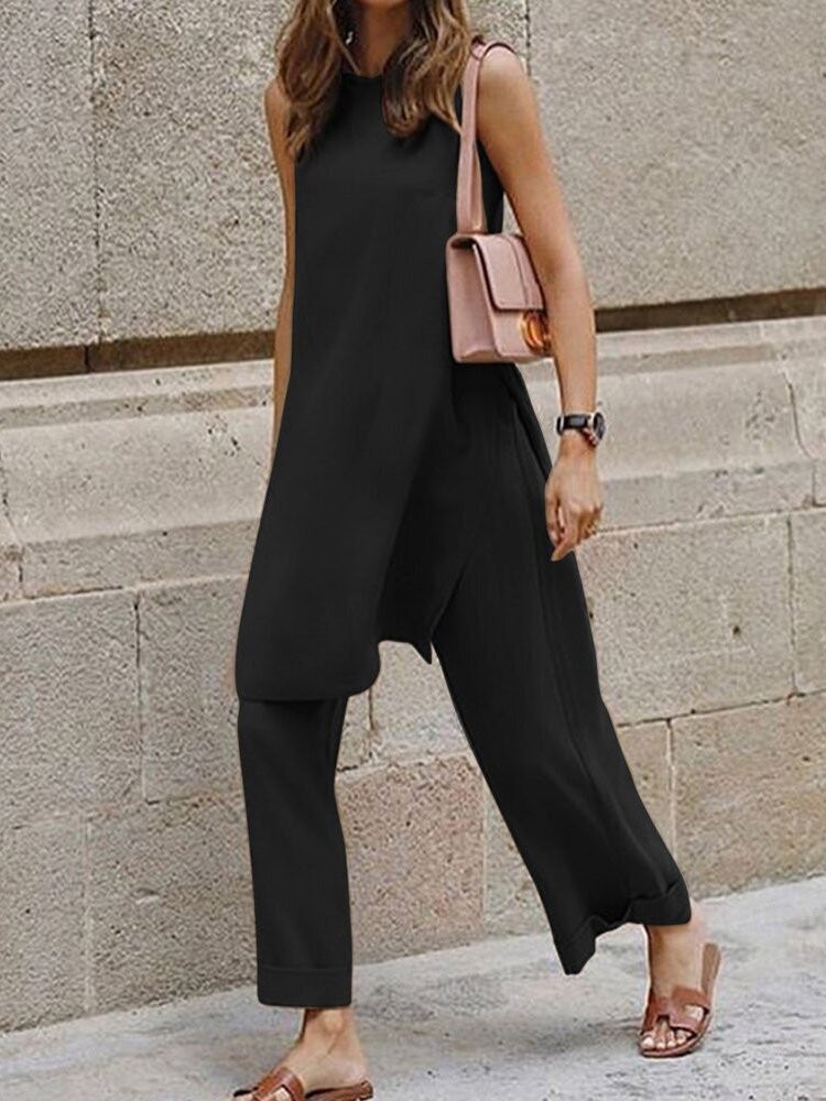 Women's Sets Sleeveless Split Top & Wide-Leg Pants Casual Two-Piece Suit - Sets - Instastyled | Online Fashion Free Shipping Clothing, Dresses, Tops, Shoes - 24/12/2021 - 30-40 - Bottoms