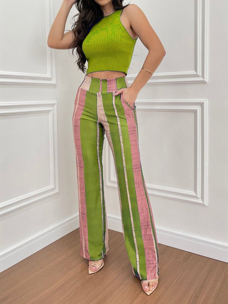 Women's Sets Sleeveless Vest Striped High Waist Pants Two-Piece Set - Sets - Instastyled | Online Fashion Free Shipping Clothing, Dresses, Tops, Shoes - 30/05/2022 - 40-50 - Bottoms