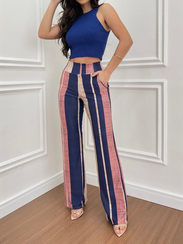 Women's Sets Sleeveless Vest Striped High Waist Pants Two-Piece Set - Sets - Instastyled | Online Fashion Free Shipping Clothing, Dresses, Tops, Shoes - 30/05/2022 - 40-50 - Bottoms