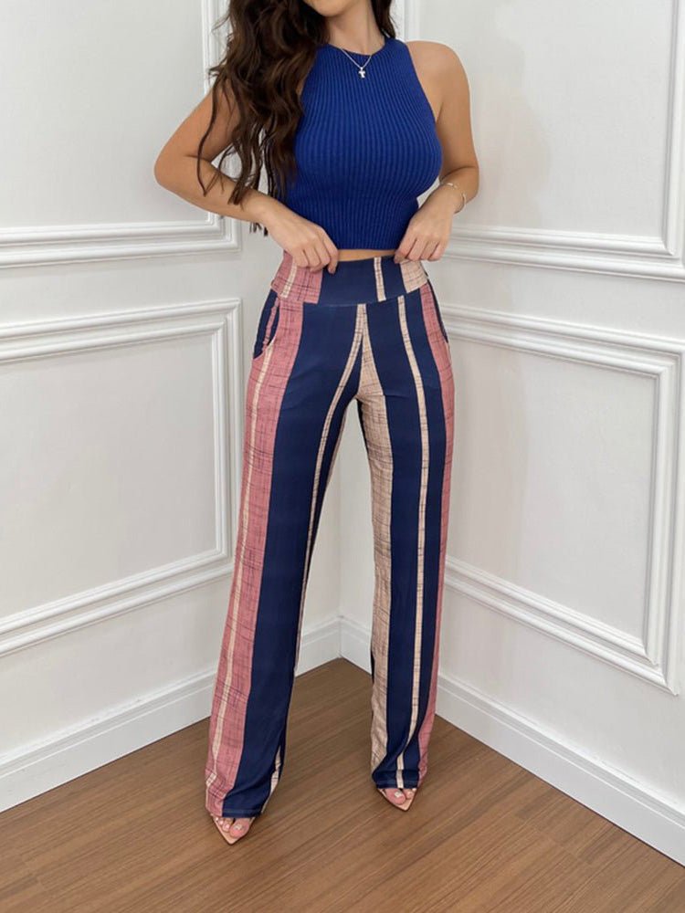 Women's Sets Sleeveless Vest Striped High Waist Pants Two-Piece Set - Sets - Instastyled | Online Fashion Free Shipping Clothing, Dresses, Tops, Shoes - 30/05/2022 - 40-50 - Bottoms