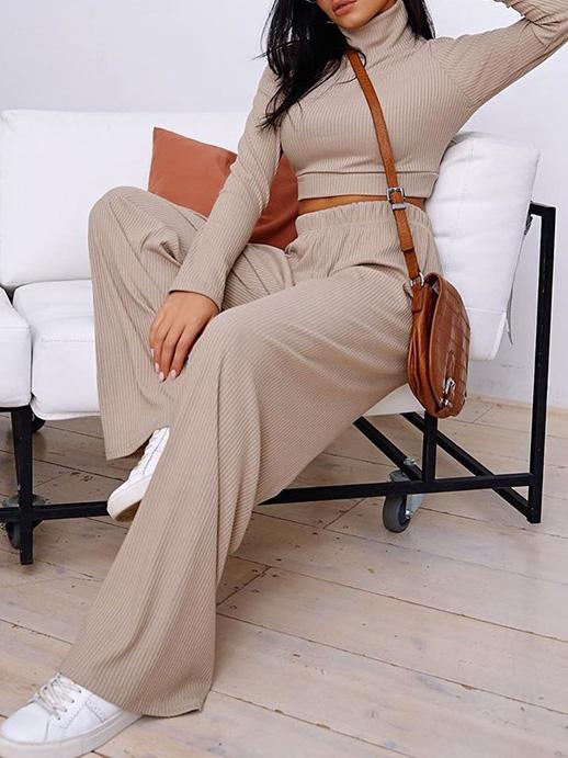 Women's Sets Slim Two-Piece Long Sleeve High-Neck Wide-Leg Pants - Set - INS | Online Fashion Free Shipping Clothing, Dresses, Tops, Shoes - 18/08/2021 - 20-30 - Bottom