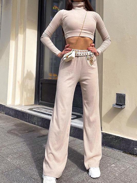 Women's Sets Slim Two-Piece Long Sleeve High-Neck Wide-Leg Pants - Set - INS | Online Fashion Free Shipping Clothing, Dresses, Tops, Shoes - 18/08/2021 - 20-30 - Bottom