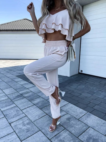 Women's Sets Sling Ruffle Crop Top & Harem Pants Two-Piece Set - Sets - Instastyled | Online Fashion Free Shipping Clothing, Dresses, Tops, Shoes - 09/07/2022 - 30-40 - Bottoms