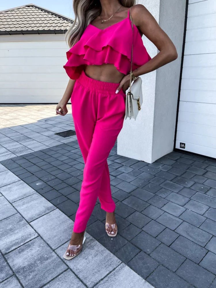Women's Sets Sling Ruffle Crop Top & Harem Pants Two-Piece Set - Sets - Instastyled | Online Fashion Free Shipping Clothing, Dresses, Tops, Shoes - 09/07/2022 - 30-40 - Bottoms