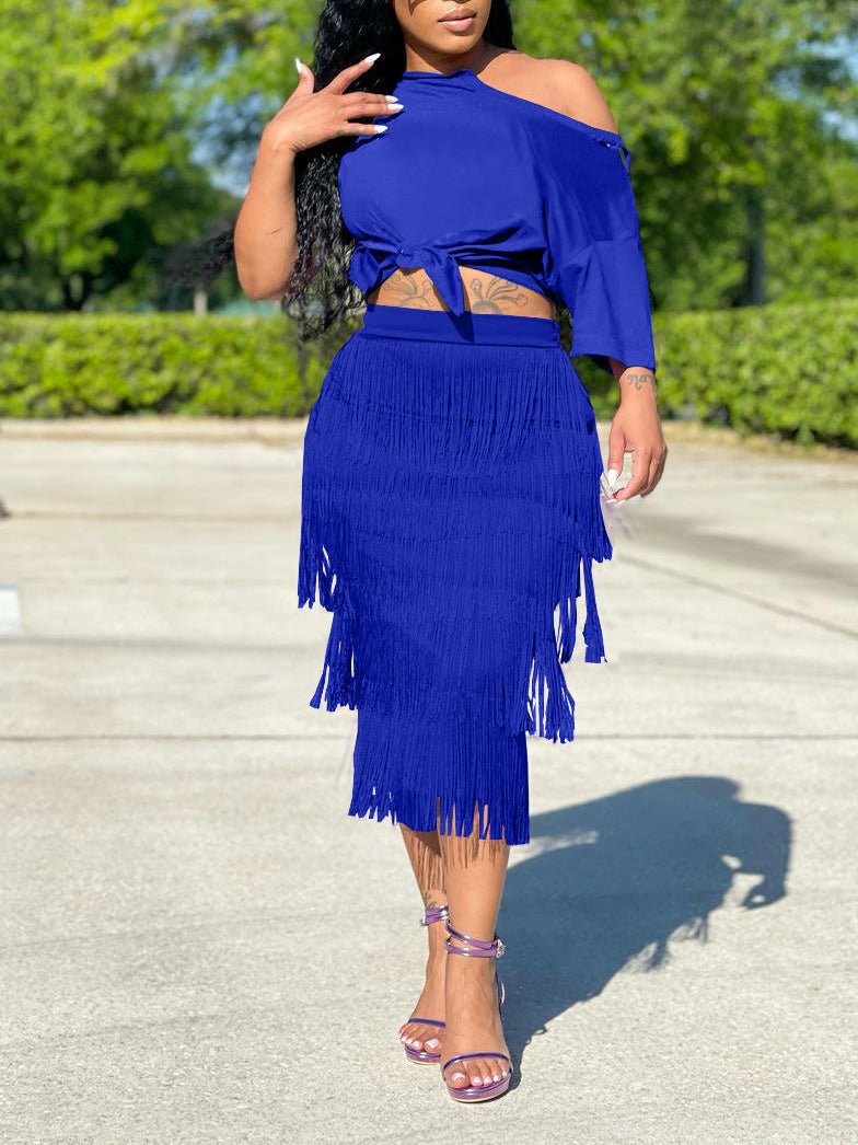 Women's Sets Sloping Shoulder Crop Top & Fringe Skirt Two-Piece Set - Sets - Instastyled | Online Fashion Free Shipping Clothing, Dresses, Tops, Shoes - 11/05/2022 - 40-50 - Bottoms