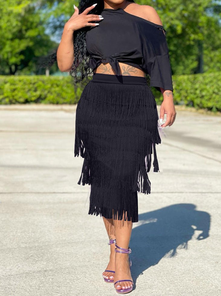 Women's Sets Sloping Shoulder Crop Top & Fringe Skirt Two-Piece Set - Sets - Instastyled | Online Fashion Free Shipping Clothing, Dresses, Tops, Shoes - 11/05/2022 - 40-50 - Bottoms