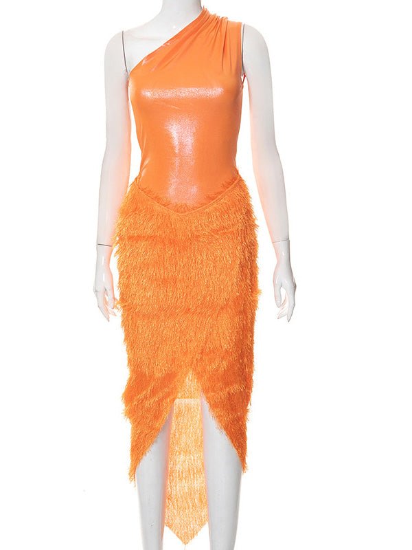 Women's Sets Sloping Shoulder Top & Feather Slit Skirt Two-Piece Set - Sets - Instastyled | Online Fashion Free Shipping Clothing, Dresses, Tops, Shoes - 21/09/2022 - Bottoms - Color_Orange