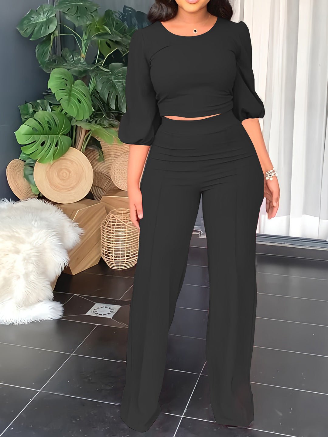 Women's Sets Solid Balloon Sleeve Top & Pants Casual Two-Piece Set - Sets - Instastyled | Online Fashion Free Shipping Clothing, Dresses, Tops, Shoes - 25/07/2022 - 40-50 - bottoms