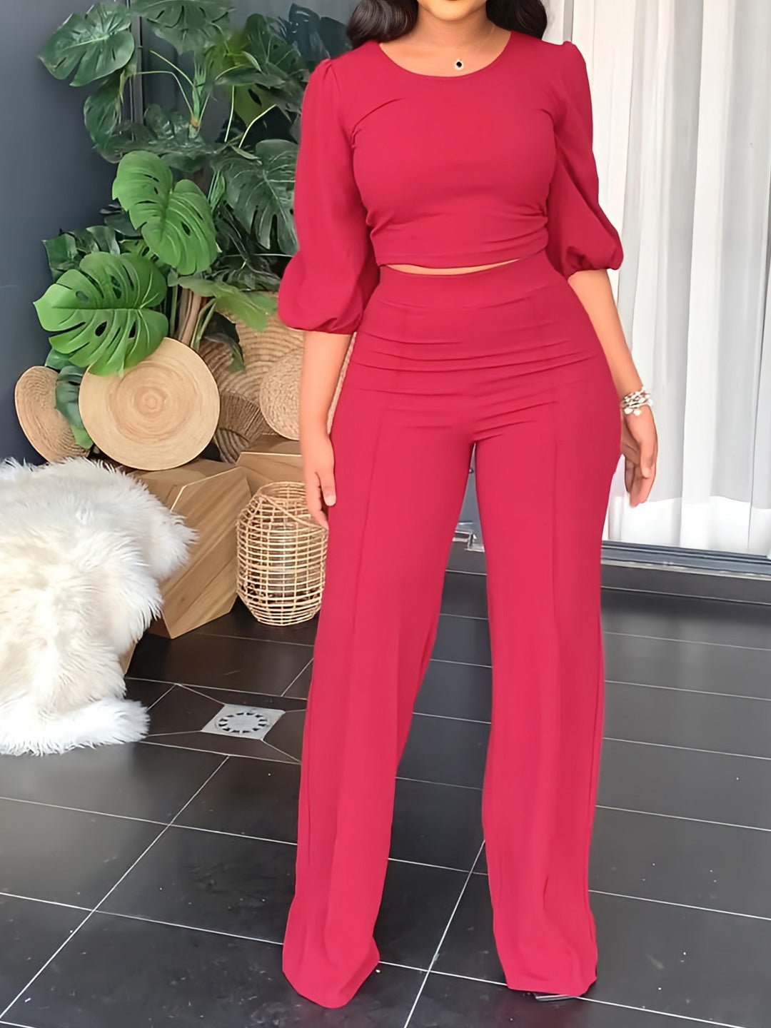 Women's Sets Solid Balloon Sleeve Top & Pants Casual Two-Piece Set - Sets - Instastyled | Online Fashion Free Shipping Clothing, Dresses, Tops, Shoes - 25/07/2022 - 40-50 - bottoms