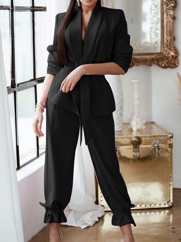 Women's Sets Solid Blazer & Belted Trousers Two-Piece Set - Sets - Instastyled | Online Fashion Free Shipping Clothing, Dresses, Tops, Shoes - 17/01/2022 - Bottoms - color-black