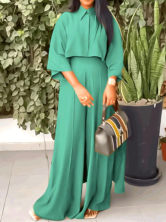 Women's Sets Solid Crop Blouses & Wide Leg Pants Two Piece Set - Sets - Instastyled | Online Fashion Free Shipping Clothing, Dresses, Tops, Shoes - 13/09/2022 - bottoms - color-green