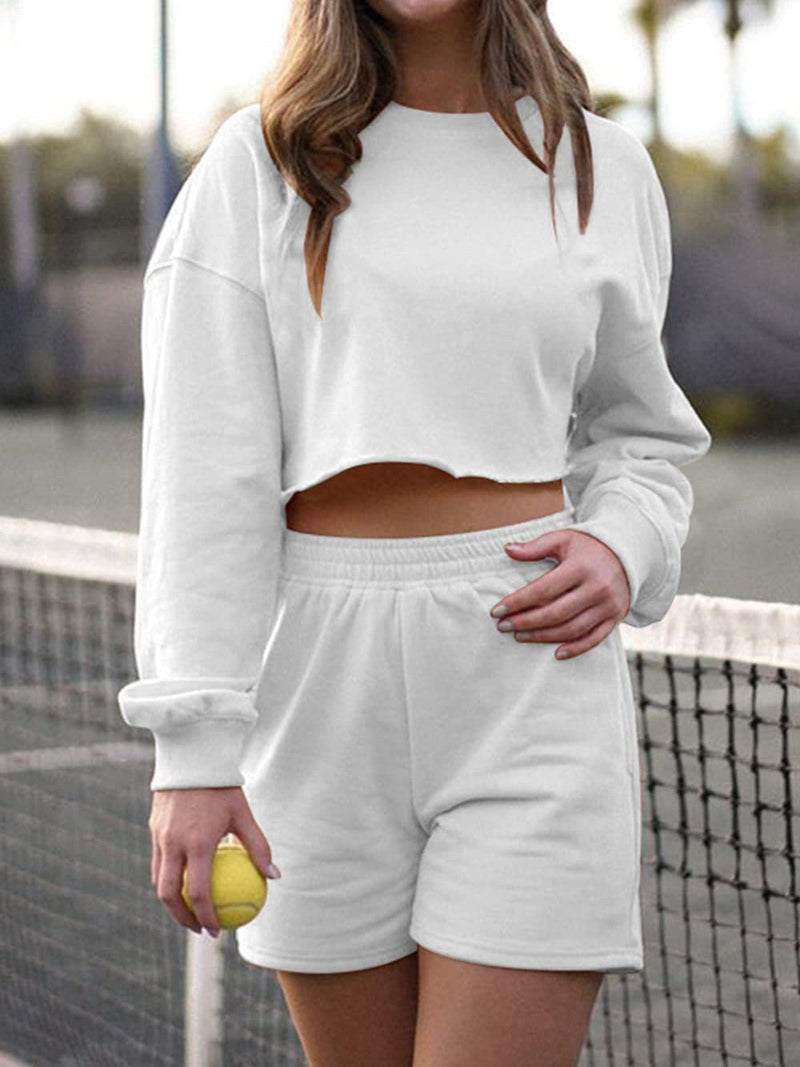 Women's Sets Solid Cropped Navel Long Sleeve Shorts Sports Two-Piece Set - Sets - Instastyled | Online Fashion Free Shipping Clothing, Dresses, Tops, Shoes - 13//01/2022 - 30-40 - Bottoms