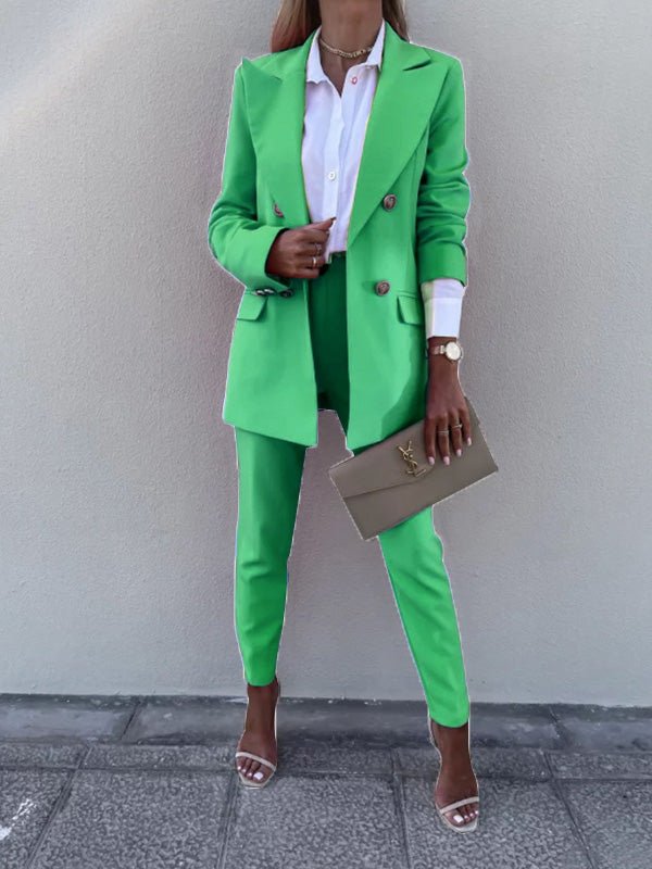 Women's Sets Solid Double Breasted Blazer & Pants Two Piece Set - Sets - Instastyled | Online Fashion Free Shipping Clothing, Dresses, Tops, Shoes - 20/09/2022 - bottoms - color-green