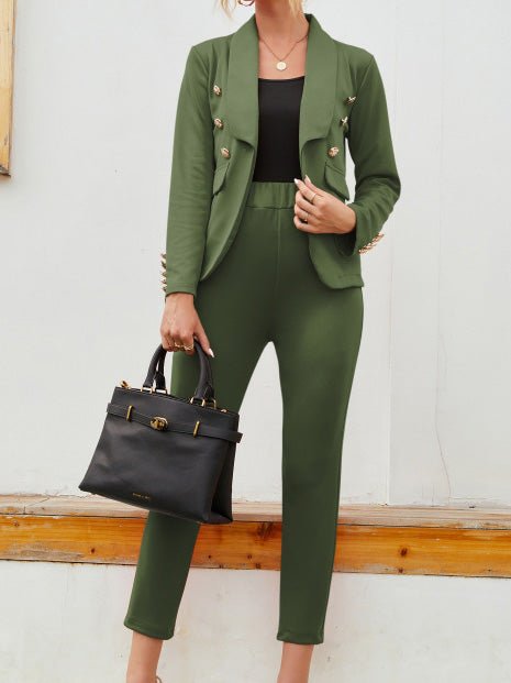 Women's Sets Solid Double Breasted Suit & Trousers Two Piece Set - Sets - Instastyled | Online Fashion Free Shipping Clothing, Dresses, Tops, Shoes - 30/04/2022 - Bottoms - color-army_green