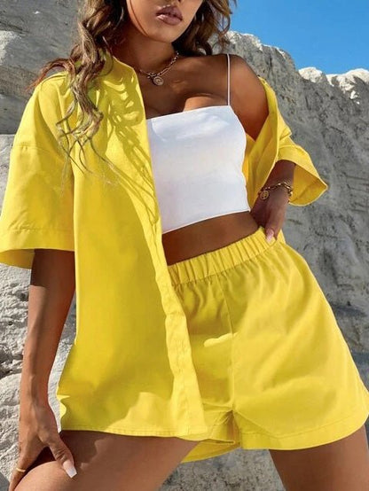 Women's Sets Solid Dropped Shoulder Shirt & Shorts Two-Piece Set - MsDressly