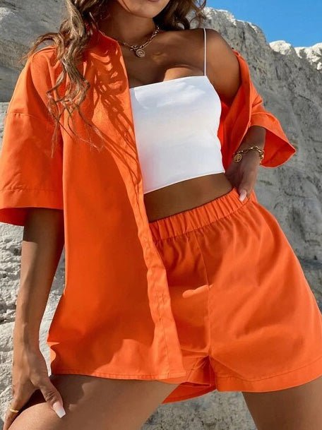 Women's Sets Solid Dropped Shoulder Shirt & Shorts Two-Piece Set - MsDressly