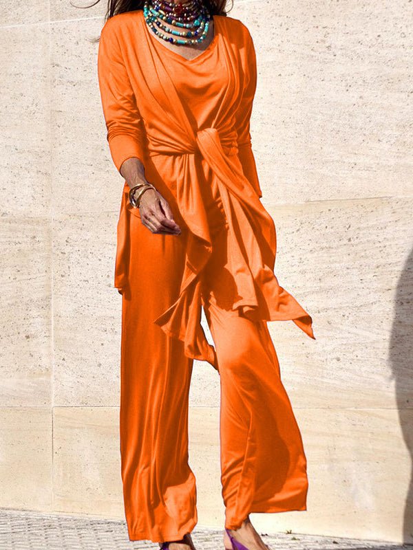 Women's Sets Solid Irregular Lace-Up Top & Trousers Two-Piece Set - Sets - Instastyled | Online Fashion Free Shipping Clothing, Dresses, Tops, Shoes - 24/10/2022 - bottoms - color-orange