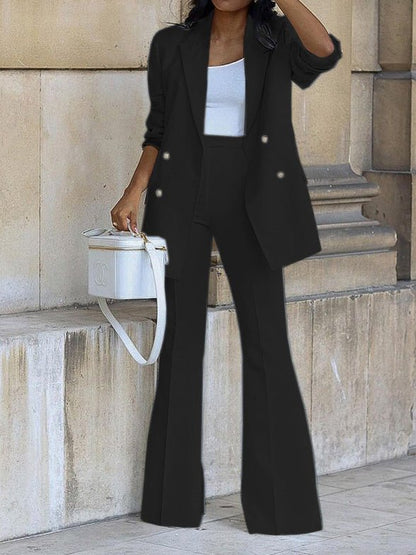 Women's Sets Solid Lapel Blazers & Wide Leg Pants Two-Piece Set - Sets - Instastyled | Online Fashion Free Shipping Clothing, Dresses, Tops, Shoes - 22/08/2022 - bottoms - color-black