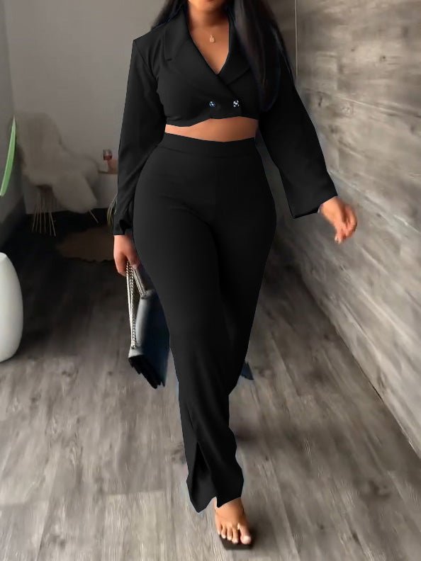 Women's Sets Solid Lapel Crop Blazers & Trousers Two Piece Set - Sets - Instastyled | Online Fashion Free Shipping Clothing, Dresses, Tops, Shoes - 25/08/2022 - Bottoms - Color_Black