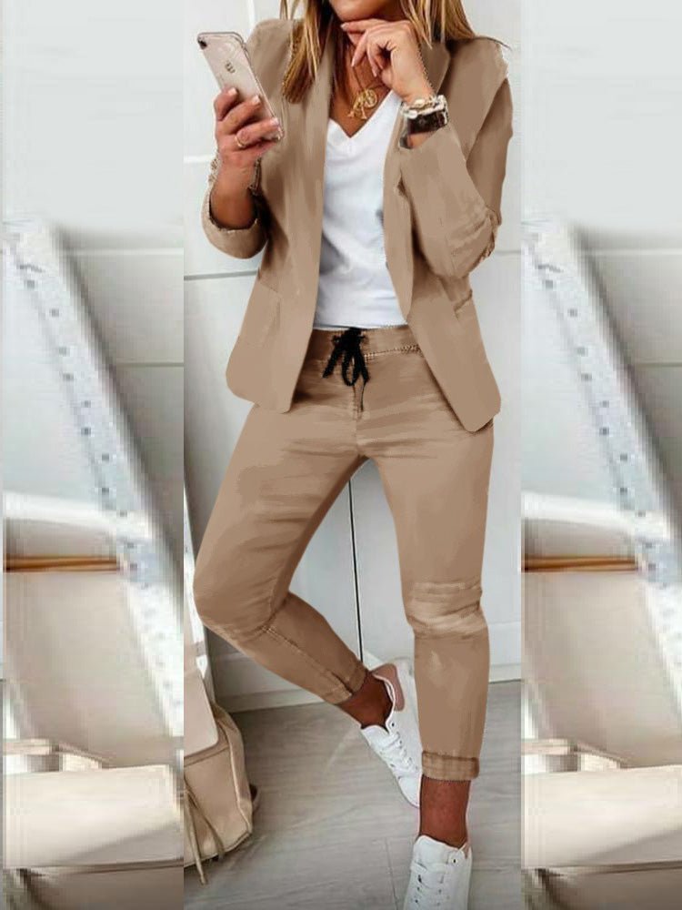 Women's Sets Solid Long Sleeve Blazer & Pants Two Piece Set - Sets - Instastyled | Online Fashion Free Shipping Clothing, Dresses, Tops, Shoes - 16/09/2022 - Bottoms - Color_Beige
