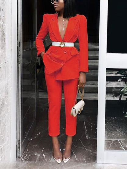 Women's Sets Solid Long Sleeve Blazer & Pants Two Piece Set - Sets - Instastyled | Online Fashion Free Shipping Clothing, Dresses, Tops, Shoes - 17/09/2022 - bottoms - color-red