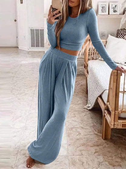 Sets - Solid Long Sleeve Crop Top & Trousers Two-Piece Suit - MsDressly