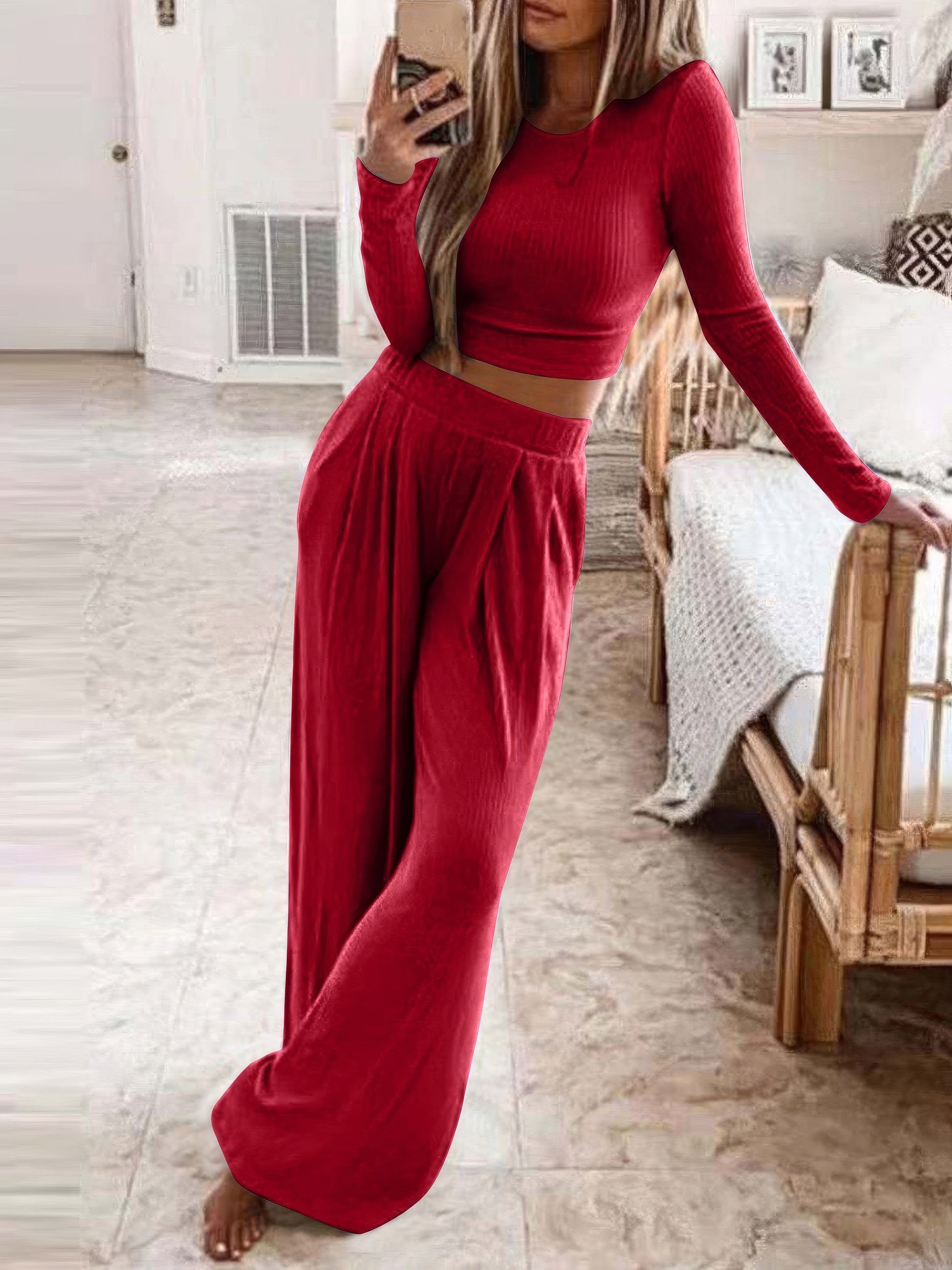 Sets - Solid Long Sleeve Crop Top & Trousers Two-Piece Suit - MsDressly