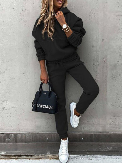 Women's Sets Solid Long Sleeve Hoody & Pants Two-Piece Set - Sets - Instastyled | Online Fashion Free Shipping Clothing, Dresses, Tops, Shoes - 29/08/2022 - Bottoms - Color_Black