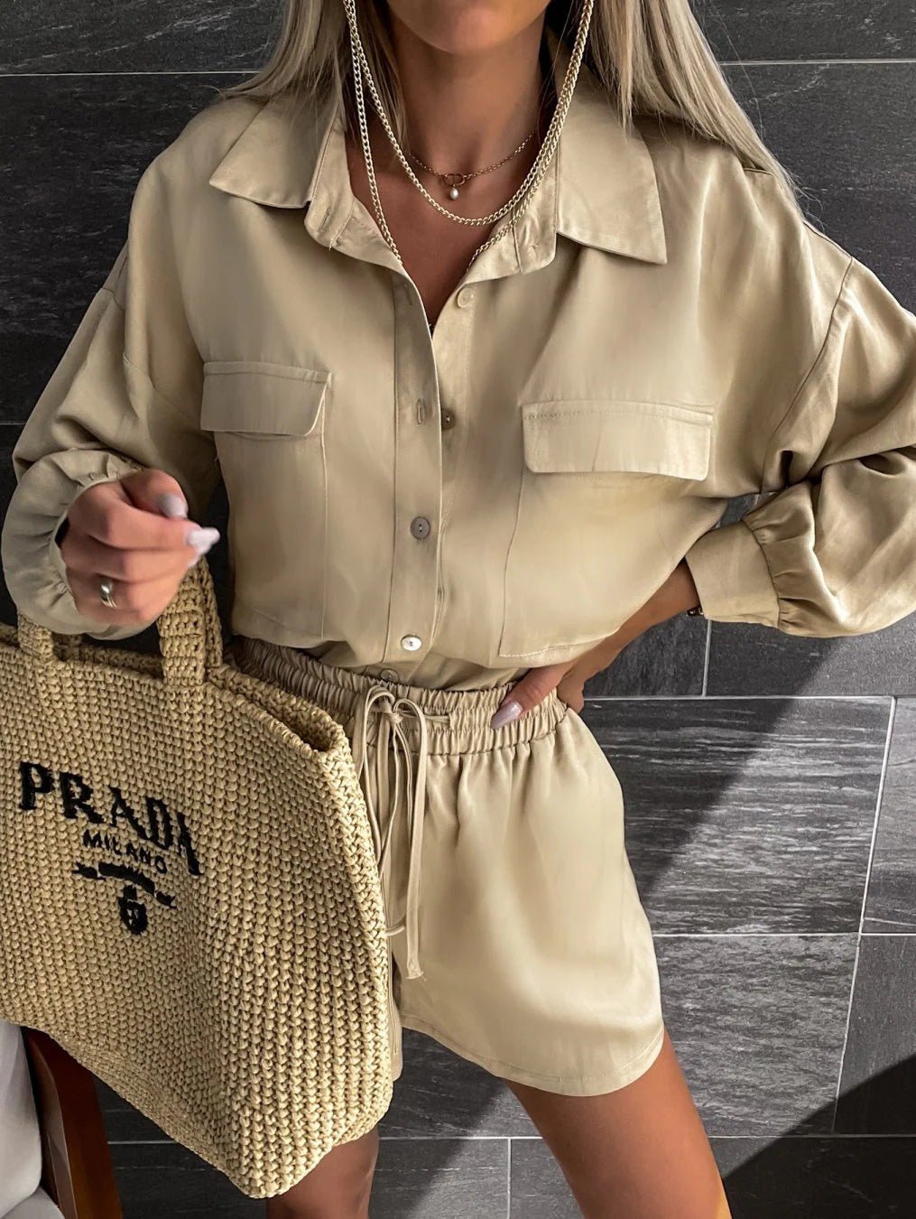 Women's Sets Solid Long Sleeve Shirt & Shorts Two Piece Set - Sets - Instastyled | Online Fashion Free Shipping Clothing, Dresses, Tops, Shoes - 19/07/2022 - 40-50 - bottoms