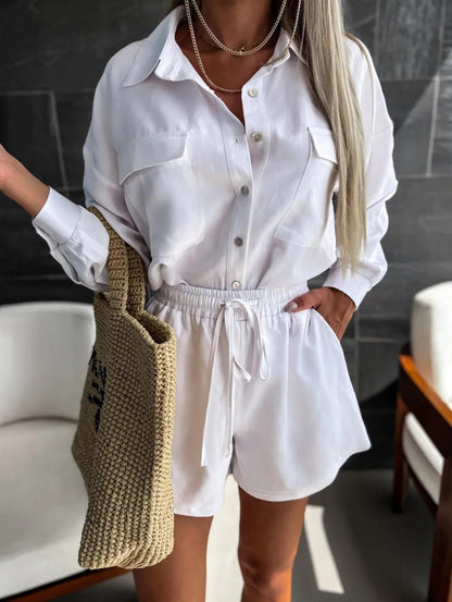 Women's Sets Solid Long Sleeve Shirt & Shorts Two Piece Set - Sets - Instastyled | Online Fashion Free Shipping Clothing, Dresses, Tops, Shoes - 19/07/2022 - 40-50 - bottoms