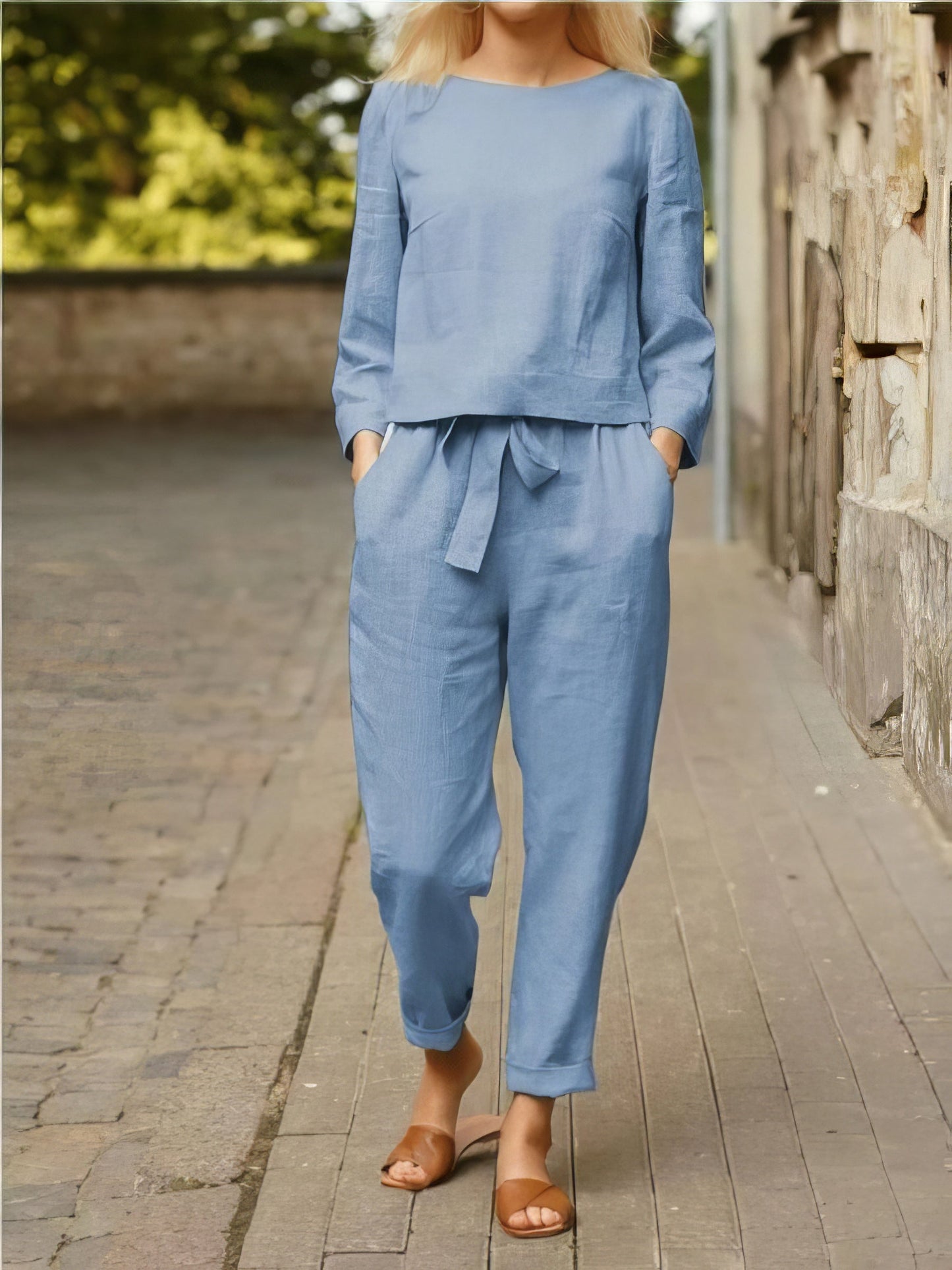 Women's Sets Solid Long Sleeve Top & Belted Pocket Trousers Two-Piece Suit