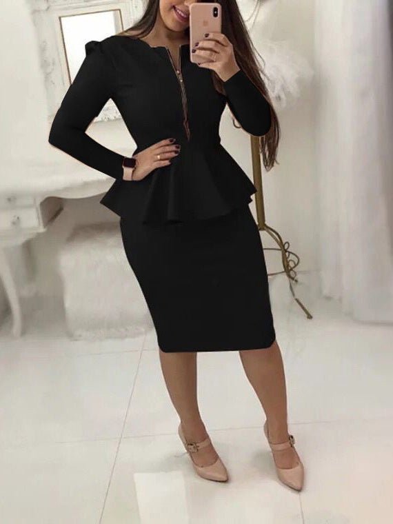 Women's Sets Solid Long Sleeve Zip Top & Skirt Two-Piece Set - Sets - Instastyled | Online Fashion Free Shipping Clothing, Dresses, Tops, Shoes - 04/08/2022 - Bottoms - Color_Black