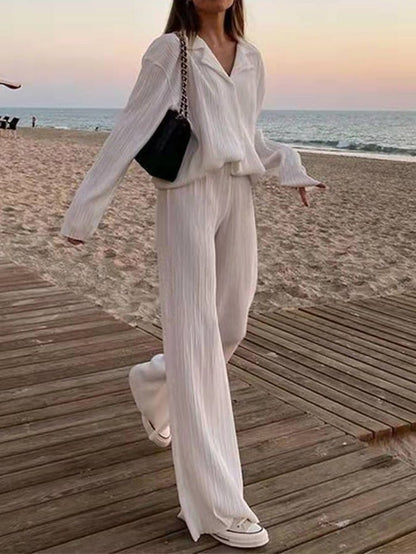 Women's Sets Solid Pleated Long-Sleeve Shirt & Pants Two-Piece Set - Sets - Instastyled | Online Fashion Free Shipping Clothing, Dresses, Tops, Shoes - 30/04/2022 - Bottoms - color-black