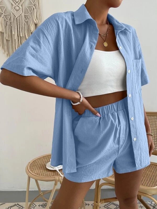 Women's Sets Solid Short Sleeve Shirt & Shorts Two Piece Set - Sets - Instastyled | Online Fashion Free Shipping Clothing, Dresses, Tops, Shoes - 14/07/2022 - 30-40 - bottoms