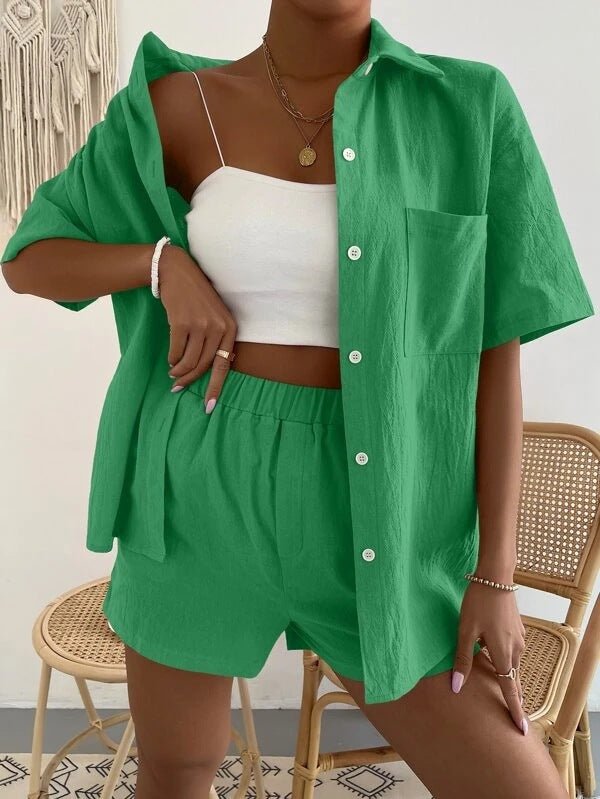 Women's Sets Solid Short Sleeve Shirt & Shorts Two Piece Set - Sets - Instastyled | Online Fashion Free Shipping Clothing, Dresses, Tops, Shoes - 14/07/2022 - 30-40 - bottoms